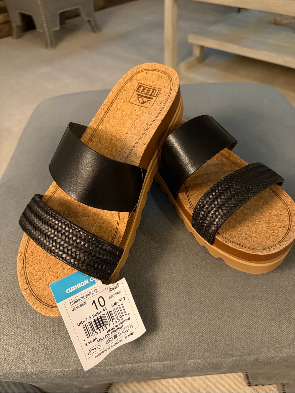 Reef womans Cushion Vista Hi Black Two-Strap Cork Platform Slides